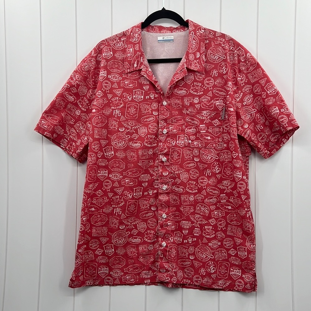 Columbia PFG Shirt Fishing Graphics Vented Button Down Short Sleeve Salmon Color